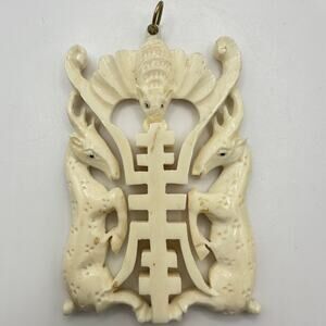 Antique 1900s large Chinese carved cream bovine bone animals symbols pendant